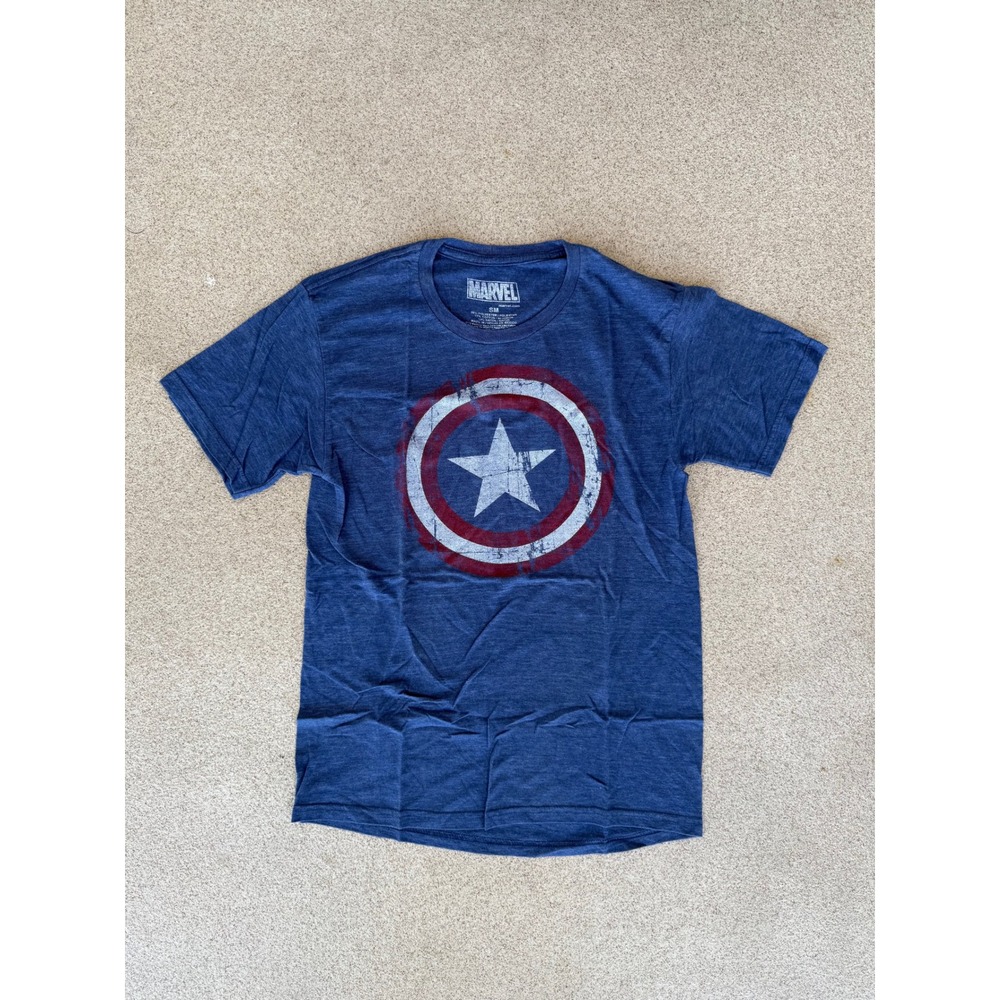 Vintage Marvel Captain America Mens S T-Shirt - Blue Shield Graphic Distressed